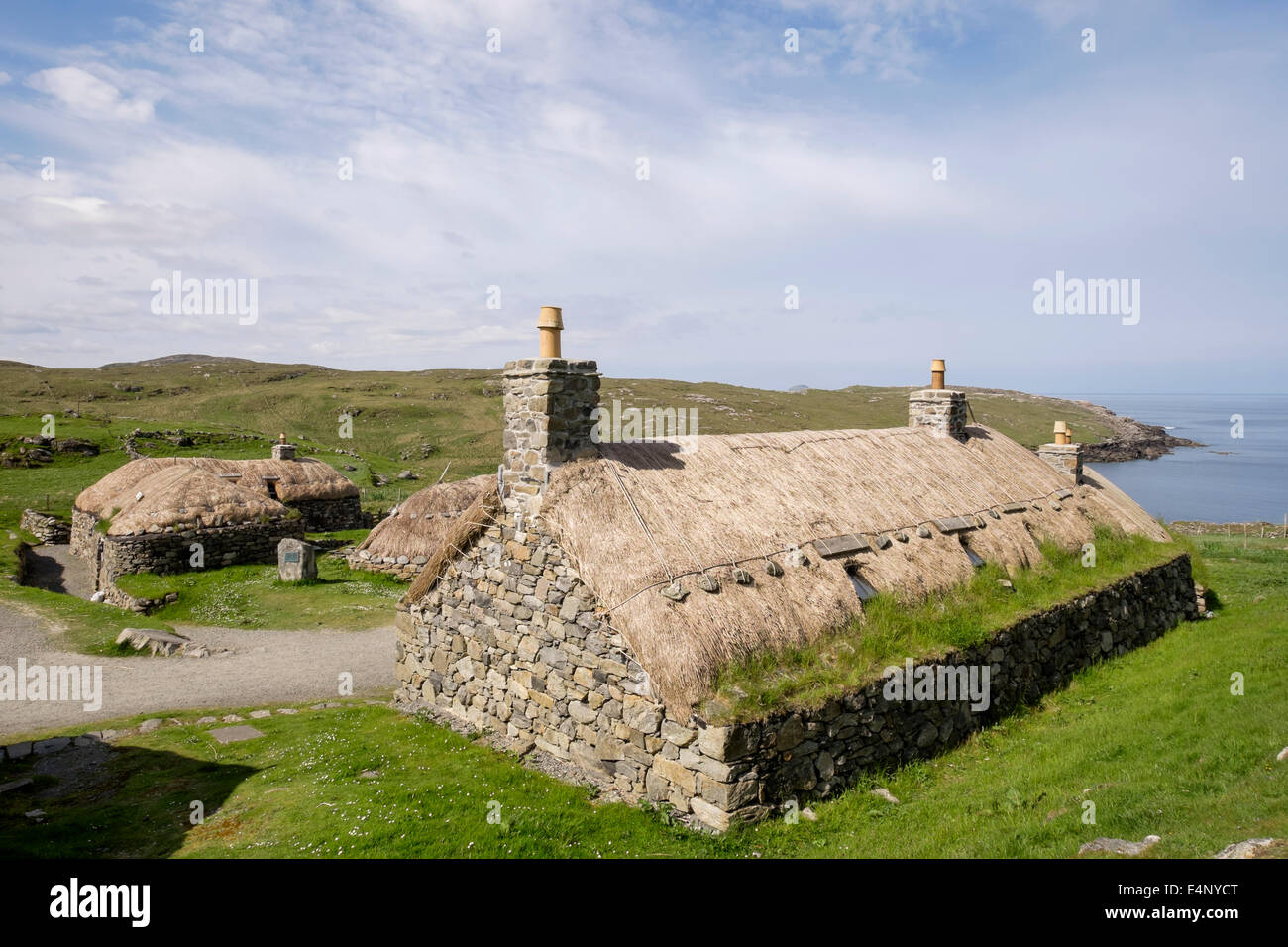 Restored old crofts in Na Gearrannan Blackhouse Village Garenin