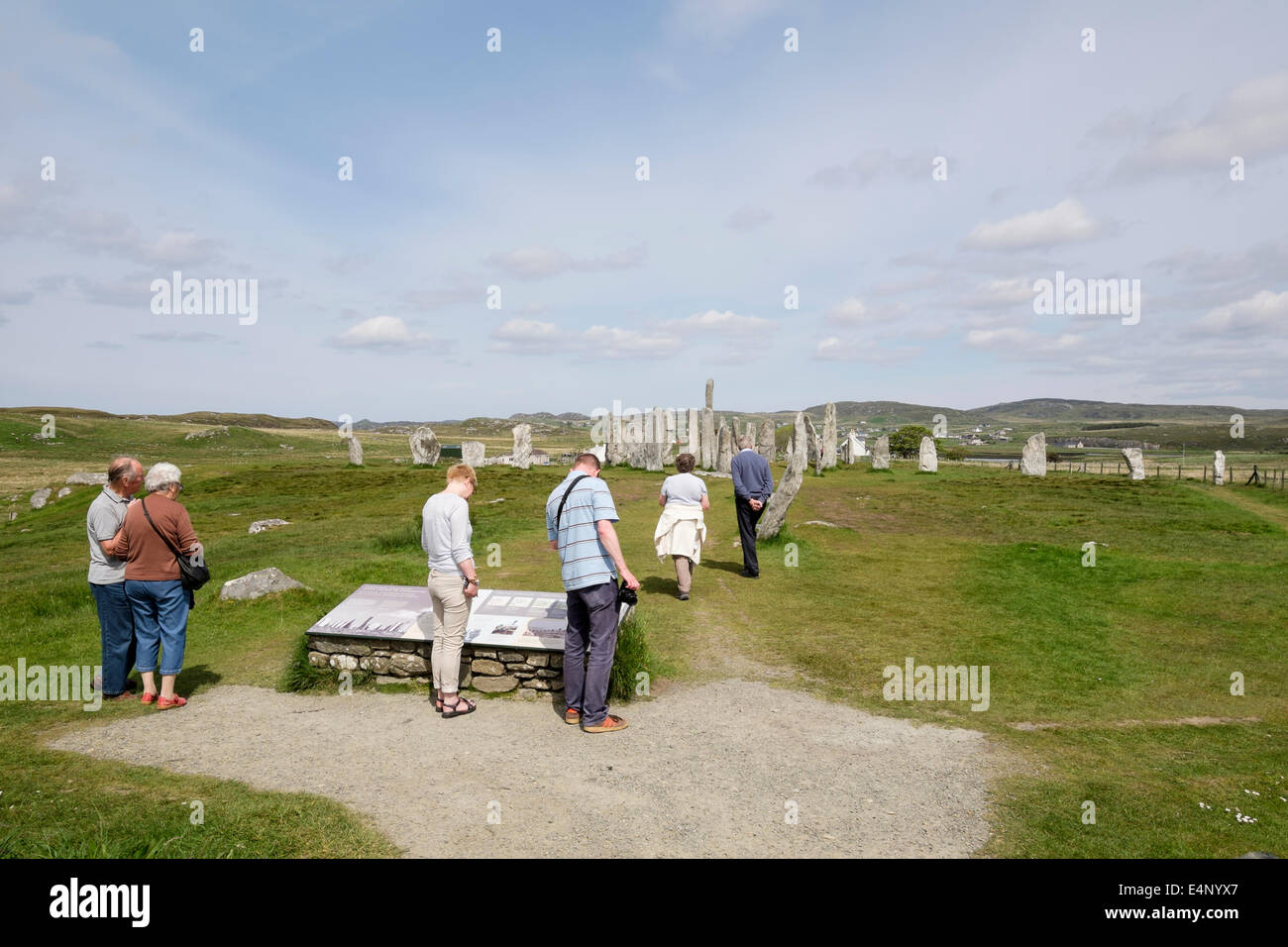 Tourists reading the information board for Callanish Stone Circle. Calanais Isle of Lewis Outer Hebrides Western Isles Scotland Stock Photo