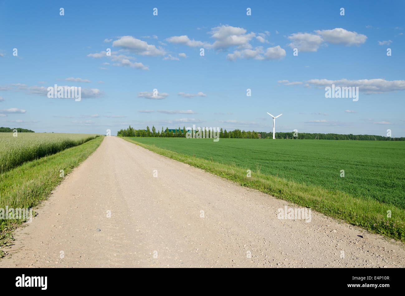 Rural gravel road between agriculture fields and wind mill windmill rorate generating alternative renewable electricity energy. Stock Photo