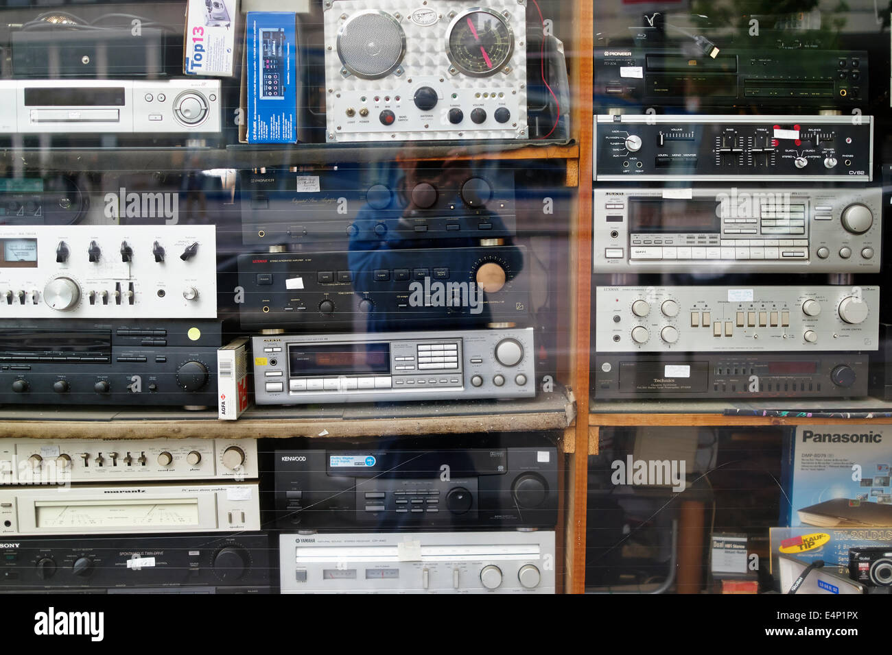 Audio/video equipment repair shop window. Stock Photo