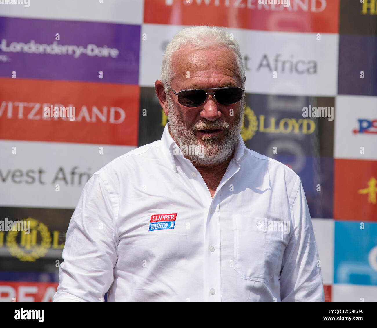 London, UK, 12/07/2014 : World's longest and toughest ocean endurance challenge ends in London with a Parade of Sail. Sir Robin Knox-Johnston at St Katharine Docks prize giving. Picture by Julie Edwards Stock Photo