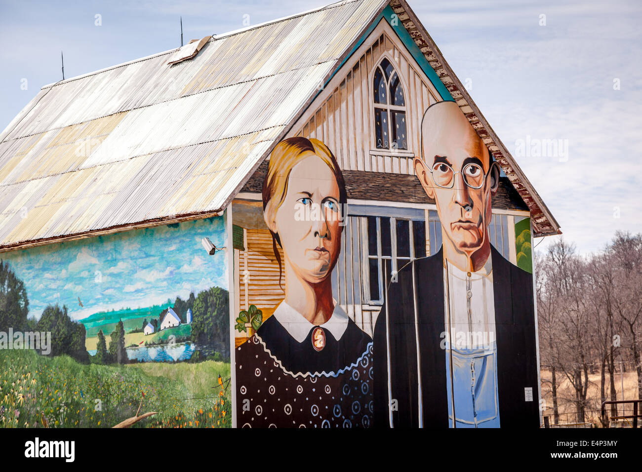 American Gothic barn on roadside in Iowa Stock Photo