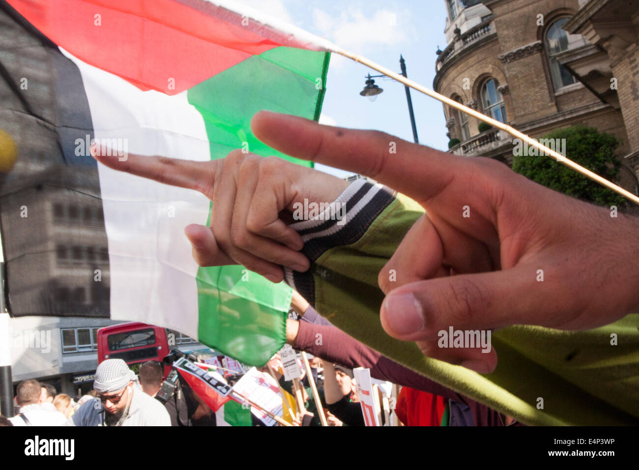 London, UK. 15th July, 2014. Angry fingers point at the BBC as Palestinians and their supporters demonstrate outside the BBC's headquarters against an alleged pro-Israeli bias in their coverage of Palestinian affairs. Credit:  Paul Davey/Alamy Live News Stock Photo