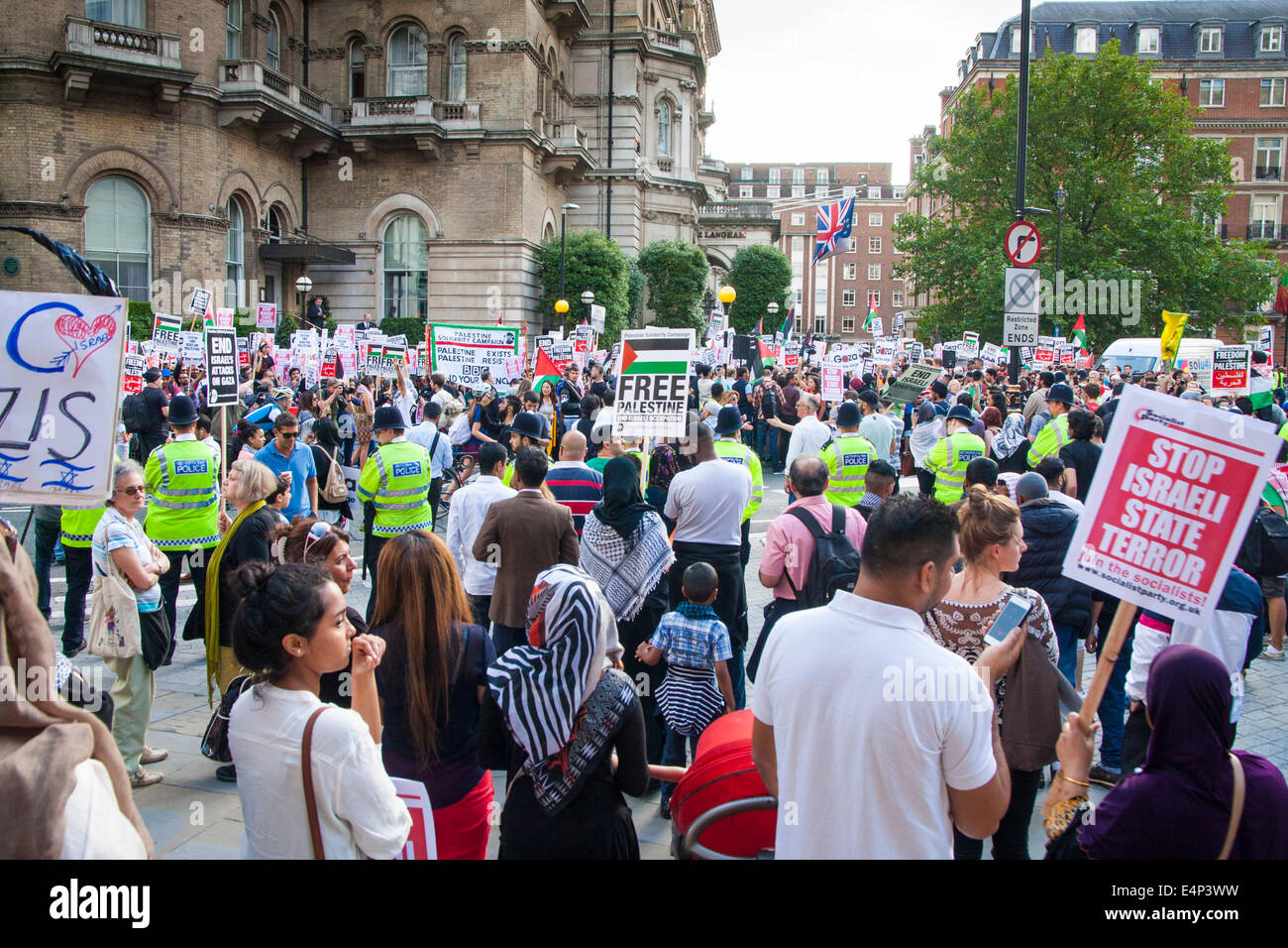 London, UK. 15th July, 2014. Thousands of Palestinians and their supporters demonstrate outside the BBC's headquarters against an alleged pro-Israeli bias in their coverage of Palestinian affairs. Credit:  Paul Davey/Alamy Live News Stock Photo