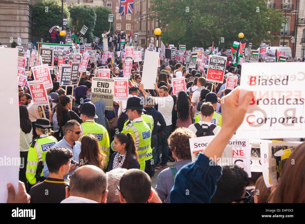 London, UK. 15th July, 2014. Palestinians and their supporters demonstrate outside the BBC's headquarters against an alleged pro-Israeli bias in their coverage of Palestinian affairs. Credit:  Paul Davey/Alamy Live News Stock Photo