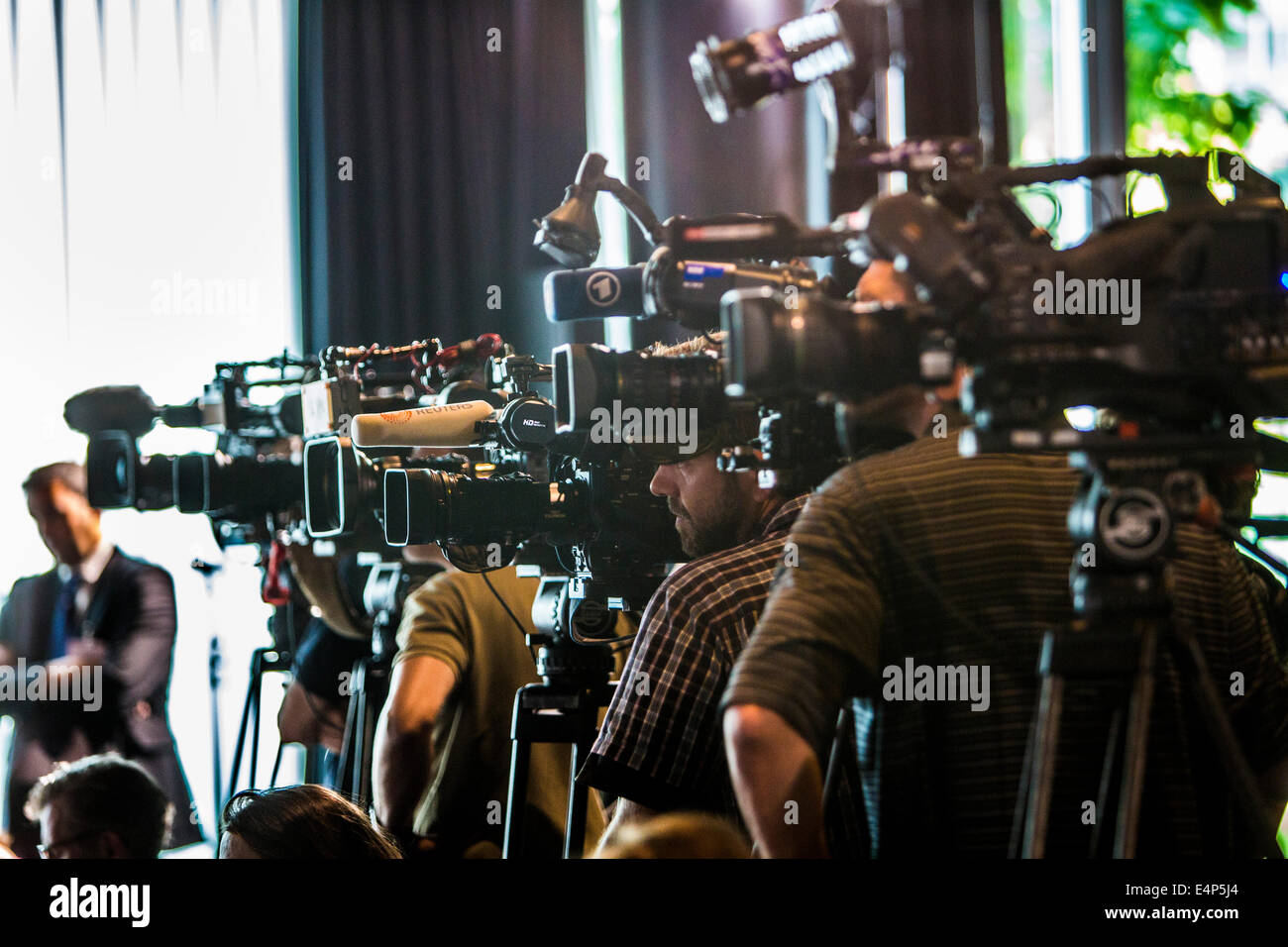 Media, camera, TV cameras on tripods, at a press conference, Stock Photo