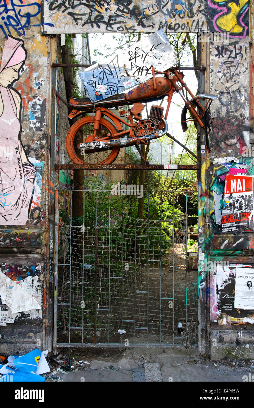 Garden gate at the Rote Flora squat in Hamburg, Germany. Stock Photo