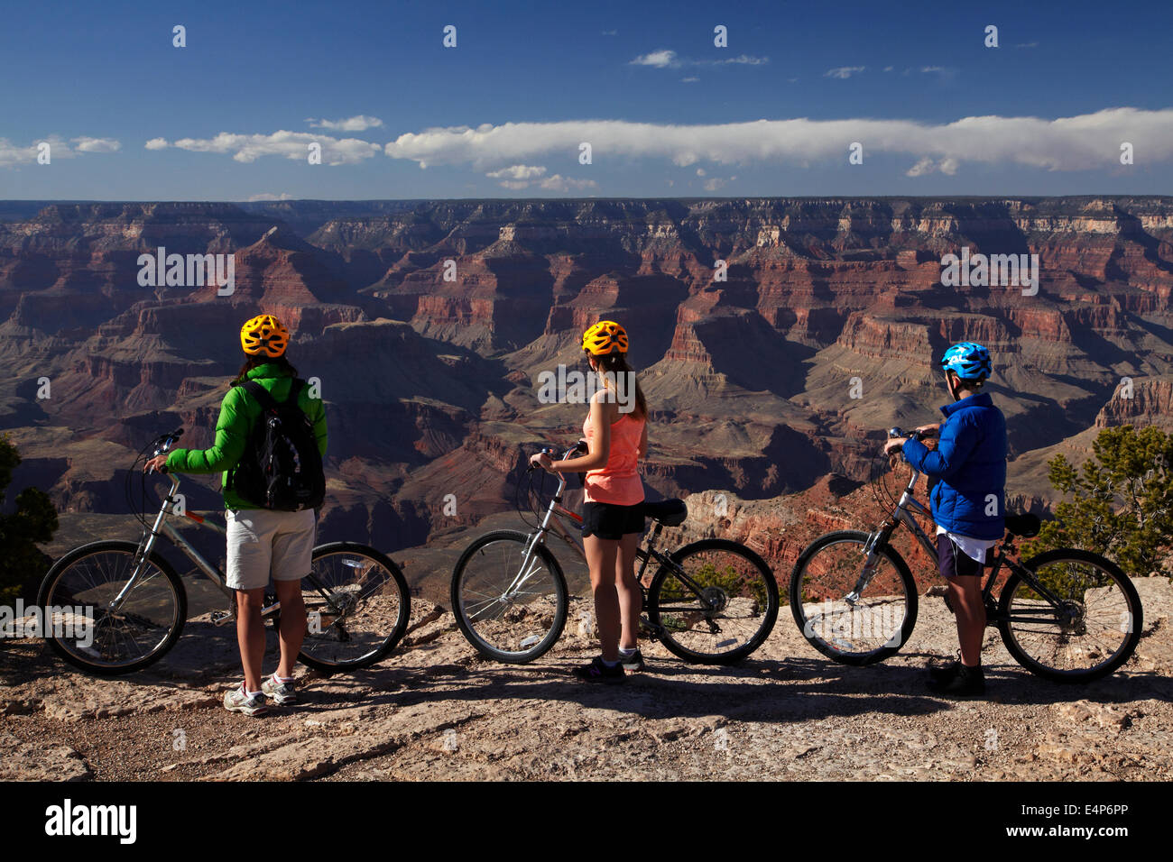 Cyclists on South Rim Trail, and Grand Canyon, Grand Canyon National Park, Arizona, USA Stock Photo