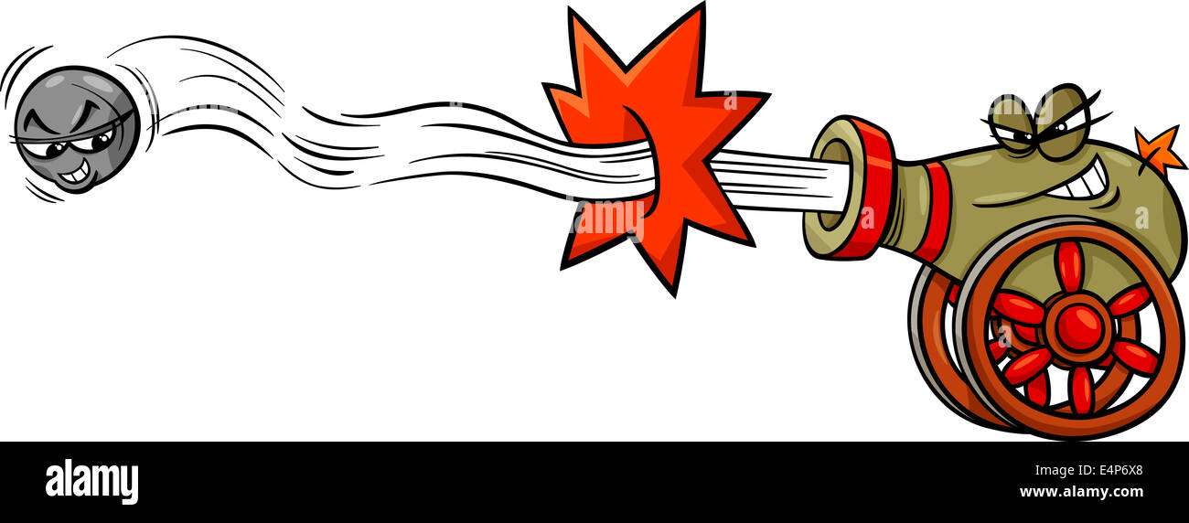 Cartoon Illustration of Funny Firing Cannon and Cannonball Stock Photo