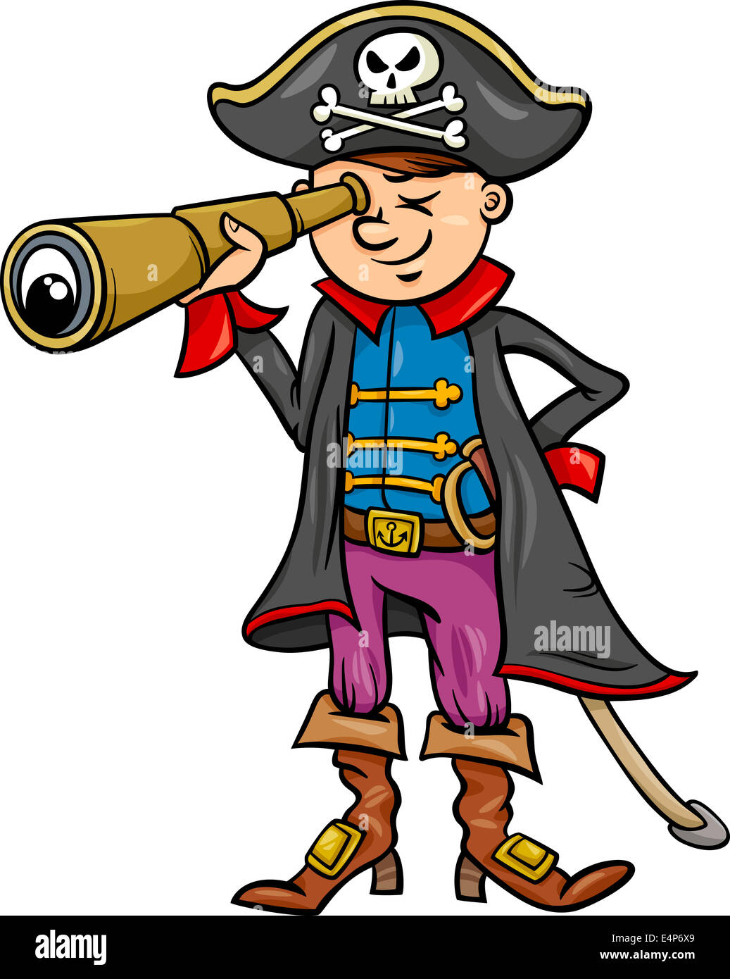 Cartoon Illustration of Funny Pirate or Corsair Captain Boy with Spyglass and Jolly Roger Sign Stock Photo
