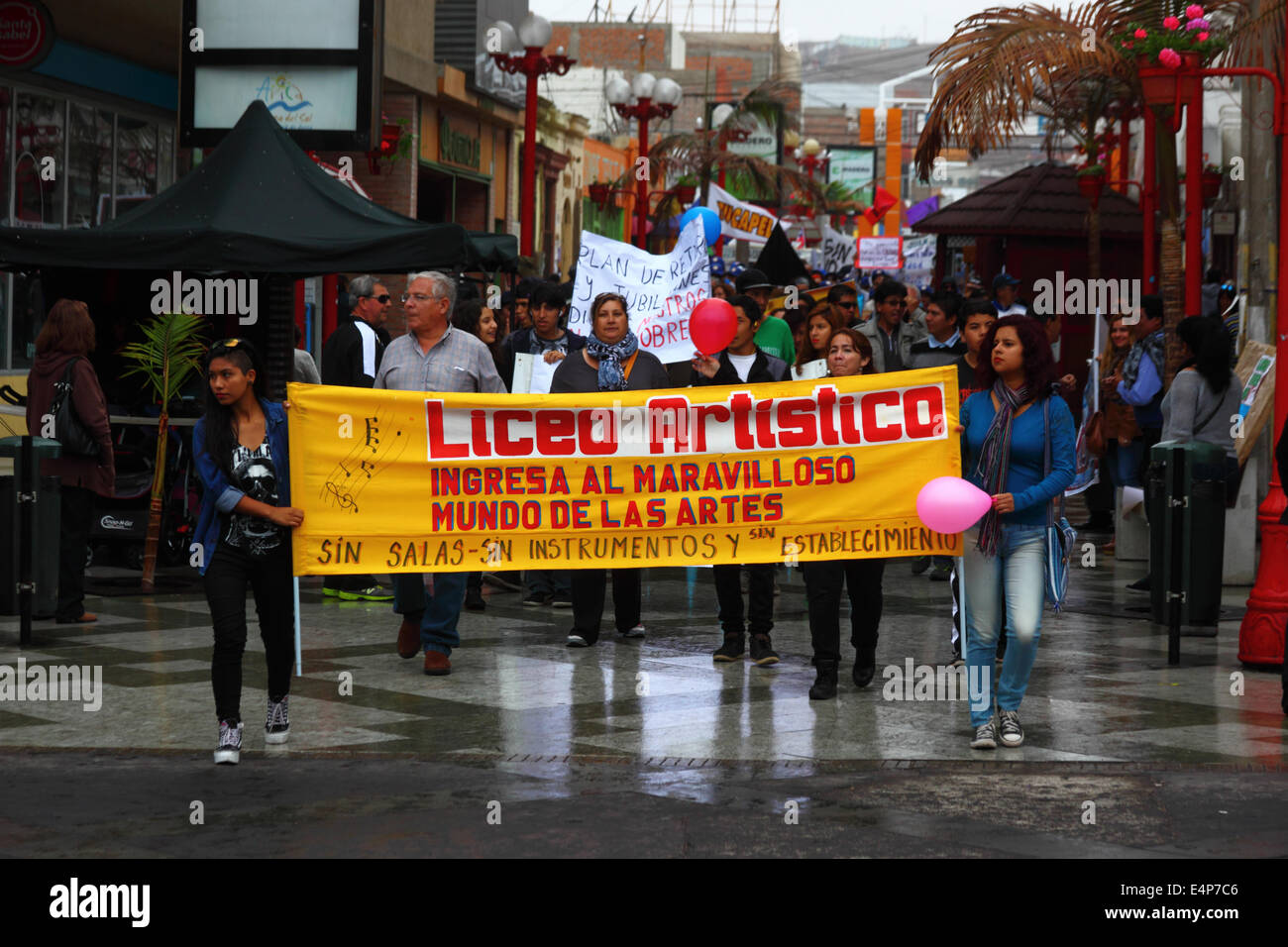 Teachers during a protest march against government education policies and lack of funding for an arts school, Arica, Chile Stock Photo