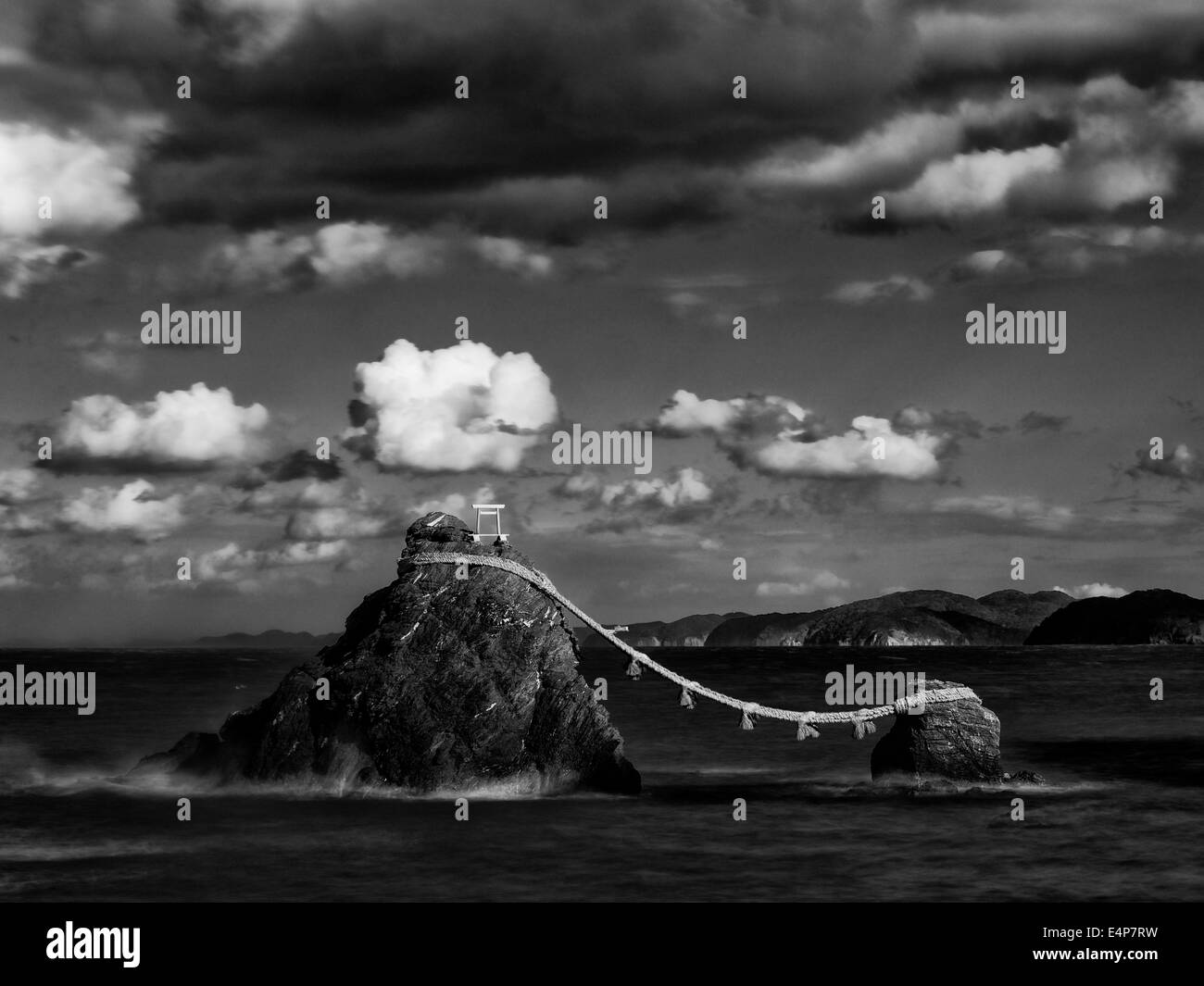 Meoto Iwa, The Married Rocks in Futami, Mie, Japan, in Monochrome Stock Photo