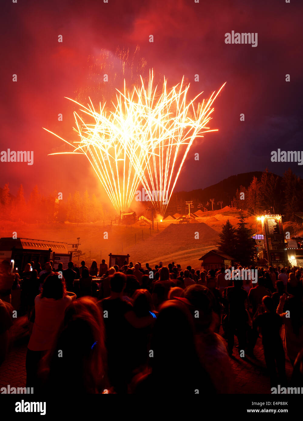 Canada Day fireworks in the Whistler Village. Whistler BC, British Columbia, Canada Stock Photo