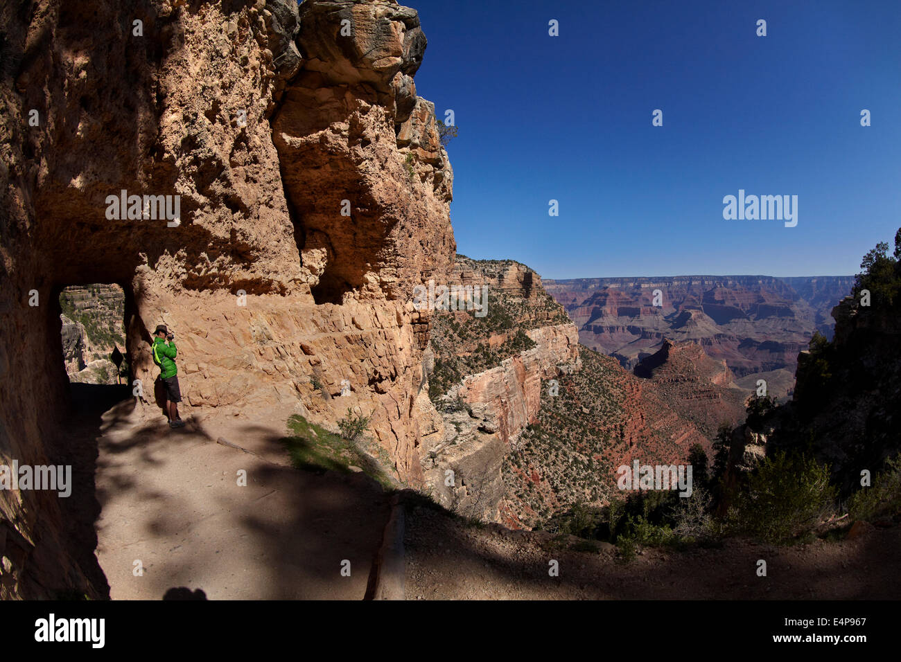 Person and tunnel on Bright Angel Trail, South Rim, Grand Canyon, Grand