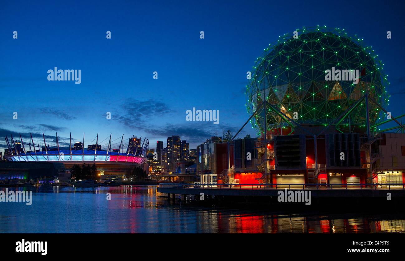 Vancouver Science World Dome and BC Place Stadium on False Creek Stock