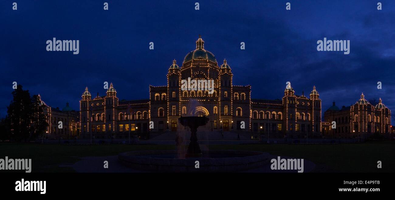 British Columbia Parliament Buildings at Night Panorama Stock Photo