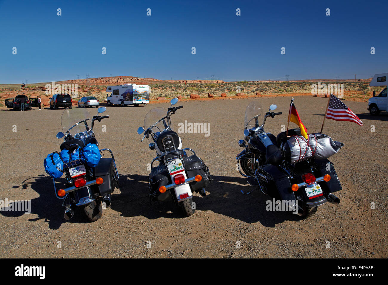 Motorcycles and RV in carpark for Colorado River at Horseshoe Bend
