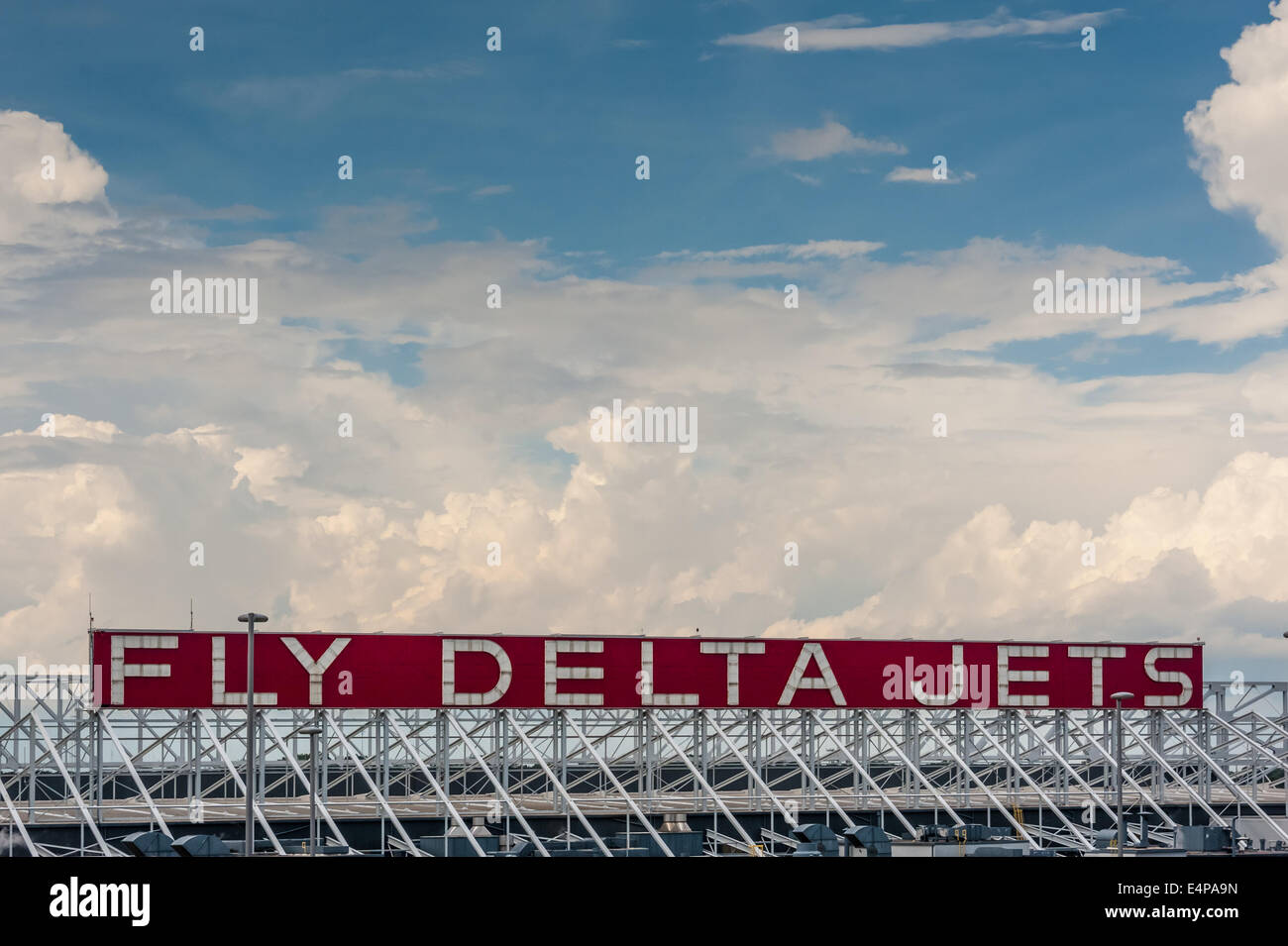 The 'Fly Delta Jets' sign at the Delta facility as seen from the International Terminal at Atlanta International Airport. USA. Stock Photo