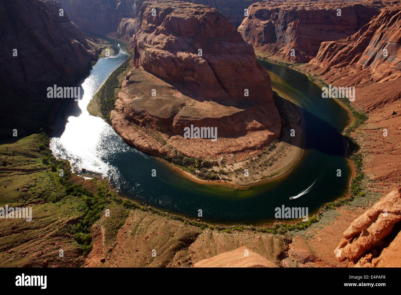 Boat on Colorado River at Horseshoe Bend, just outside Grand Canyon