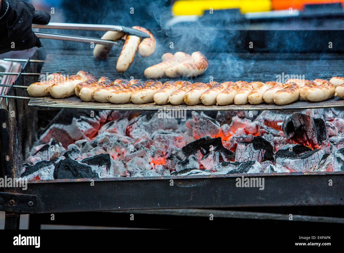 Grill sausages are grilled on a charcoal grill, Stock Photo