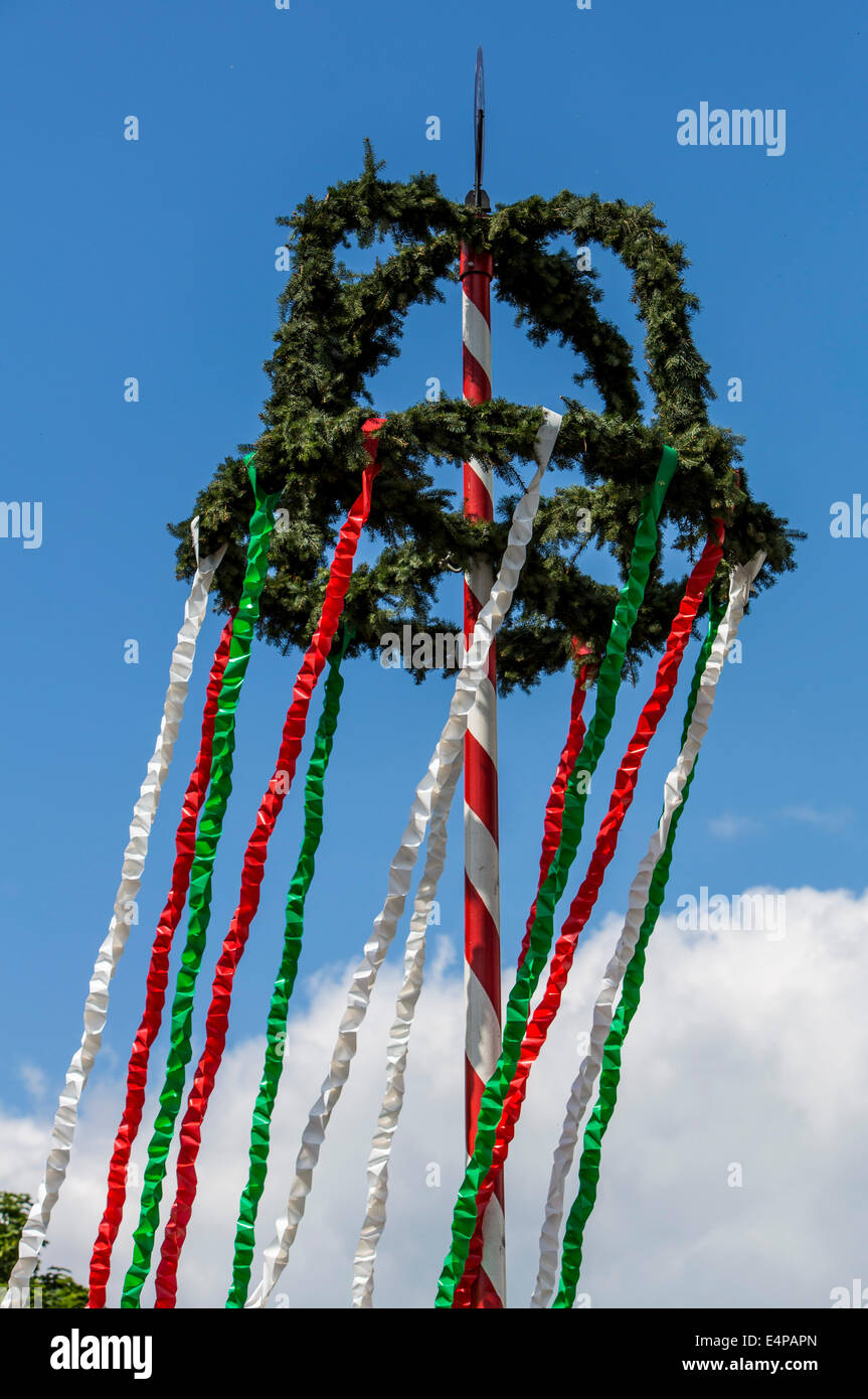 Maypole, erected by the local volunteer fire department, Stock Photo