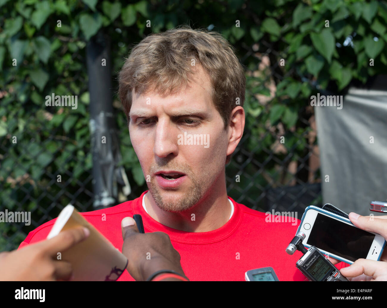 NEW YORK, NY - JUNE 25, 2014: NBA star Dirk Nowitzki give sinterview at soccer charity game at The Seventh Steve Nash Foundation Stock Photo
