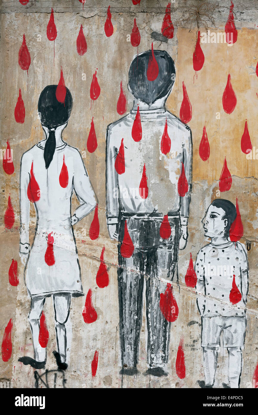 Family in a rain of blood drops, symbolic mural, historic centre, Palermo, Province of Palermo, Sicily, Italy Stock Photo