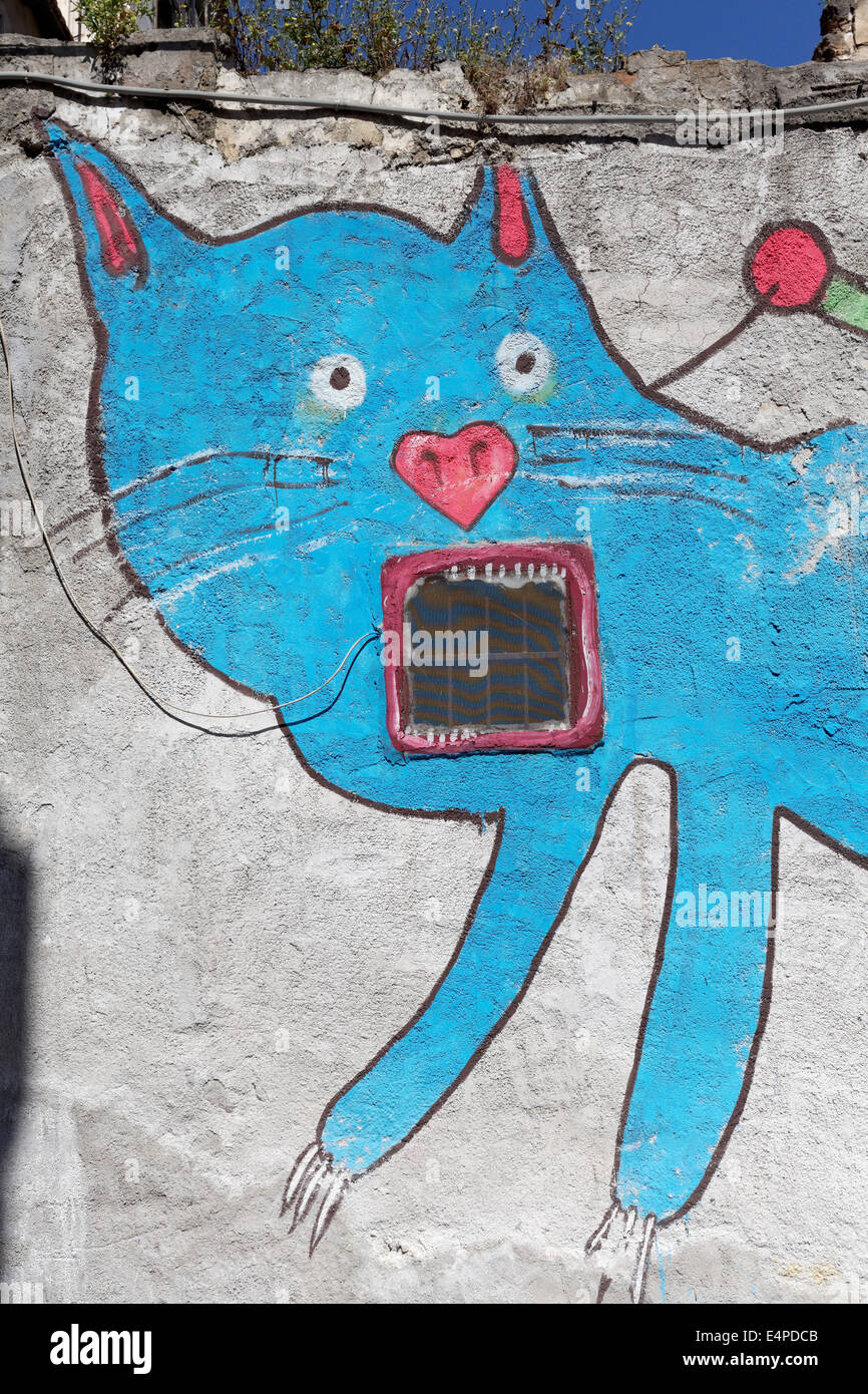Blue cat on a leash, mural in the historic centre, Palermo, Province of Palermo, Sicily, Italy Stock Photo