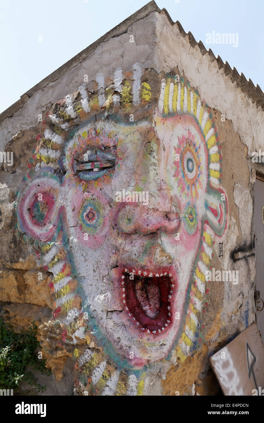 Face with open mouth on the corner of a building, mural in the historic centre, Palermo, Province of Palermo, Sicily, Italy Stock Photo