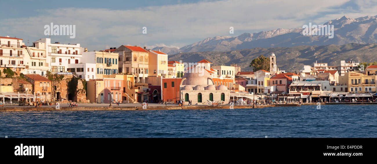 Harbor and historic centre with Hasan Pasha Mosque, behind the White Mountains, Chania, Crete, Greece Stock Photo
