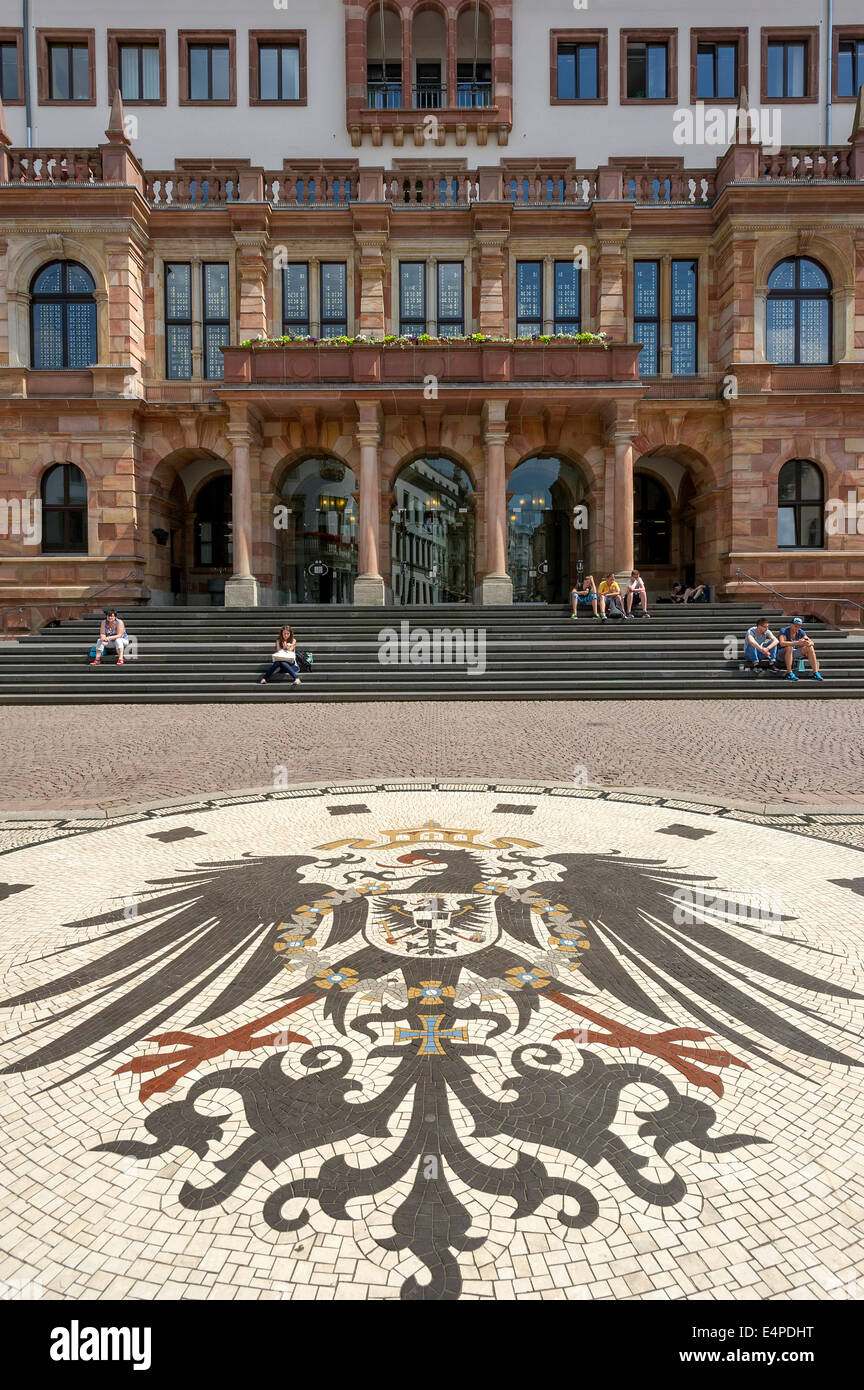 Mosaic, imperial eagle of the German Empire from 1888 on, Wappeninsel, New Town Hall, Schlossplatz square, Wiesbaden, Hesse Stock Photo