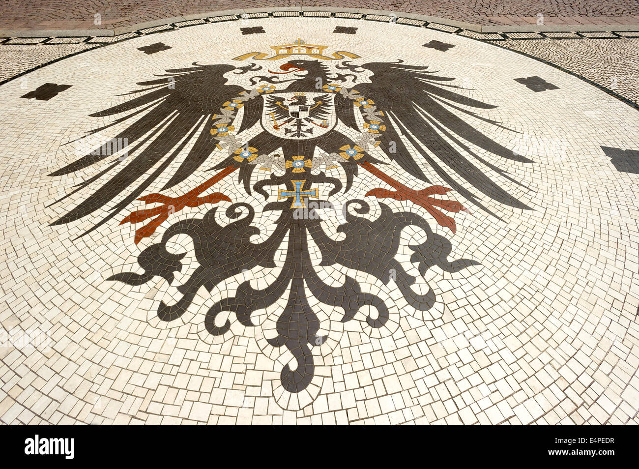 Mosaic, imperial eagle of the German Empire from 1888 on, Wappeninsel, Castle Square, Wiesbaden, Hesse, Germany Stock Photo