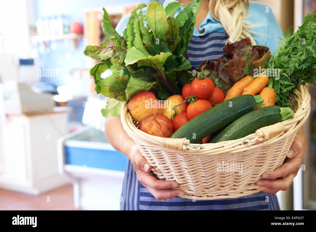 Close Up Of Fresh Produce In Basket At Farm Shop Stock Photo Alamy