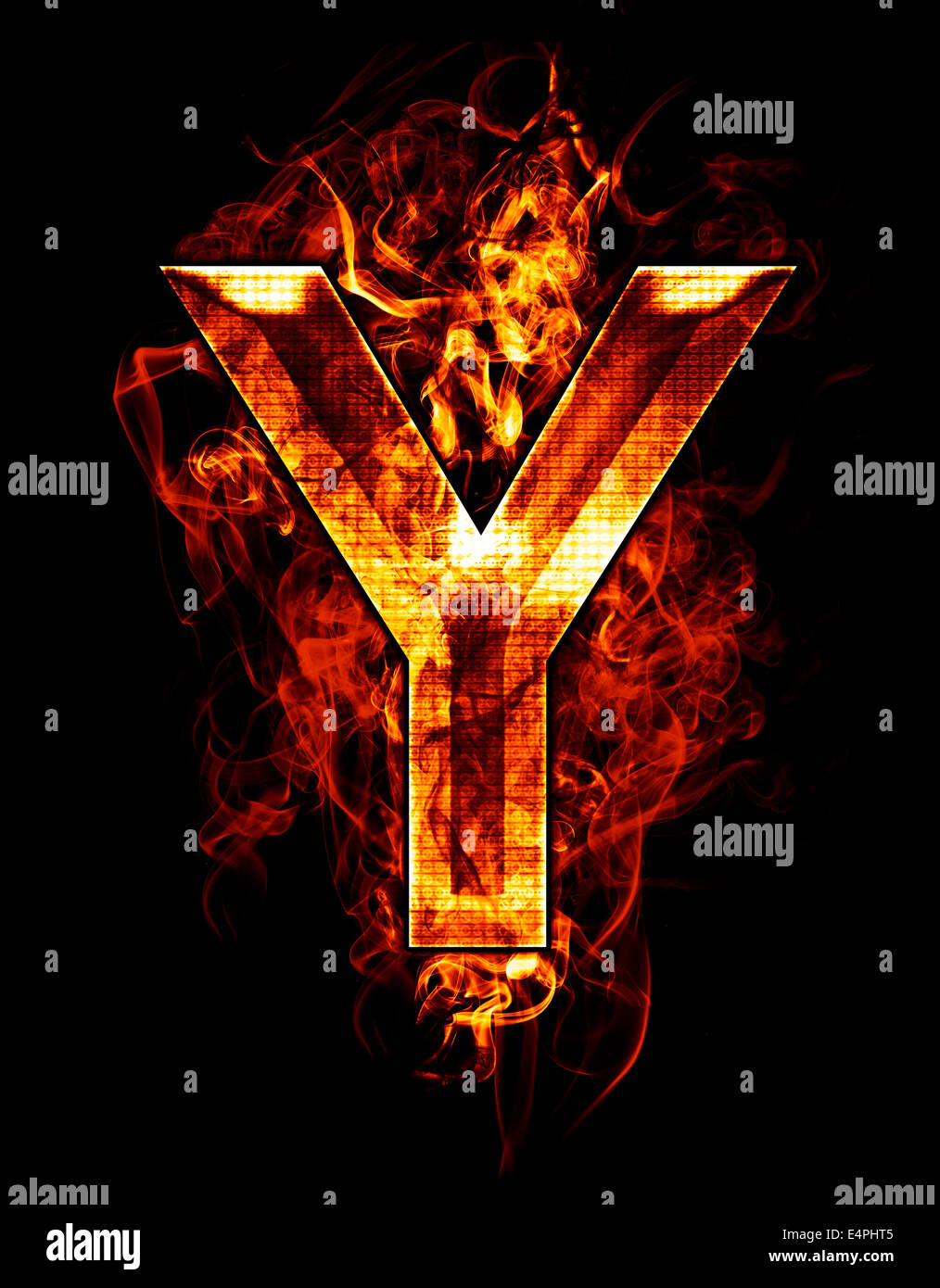 y, illustration of letter with chrome effects and red fire on black