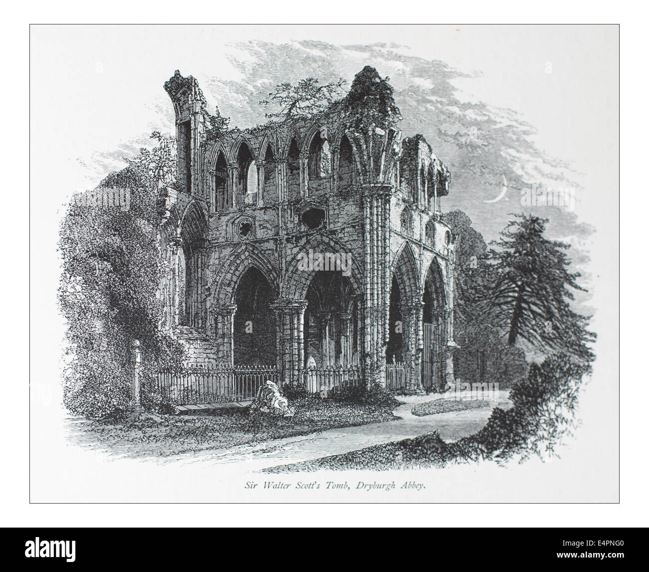 The Tomb of Sir Walter Scott, in Dryburgh Abbey Illustration from 'The British isles - Cassell Petter & Galpin Part 8 Picturesque Europe. Picturesque Europe was an illustrated set of Magazines published by Cassell, Petter, Galpin & Co. of London, Paris and New York in 1877. The publications depicted tourist haunts in Europe, with text descriptions and steel and wood engravings by eminent artists of the time, such as Harry Fenn, William H J Boot, Thomas C. L. Rowbotham, Henry T. Green , Myles B. Foster, John Mogford , David H. McKewan, William L. Leitch, Edmund M. Wimperis and Joseph B. Smith. Stock Photo