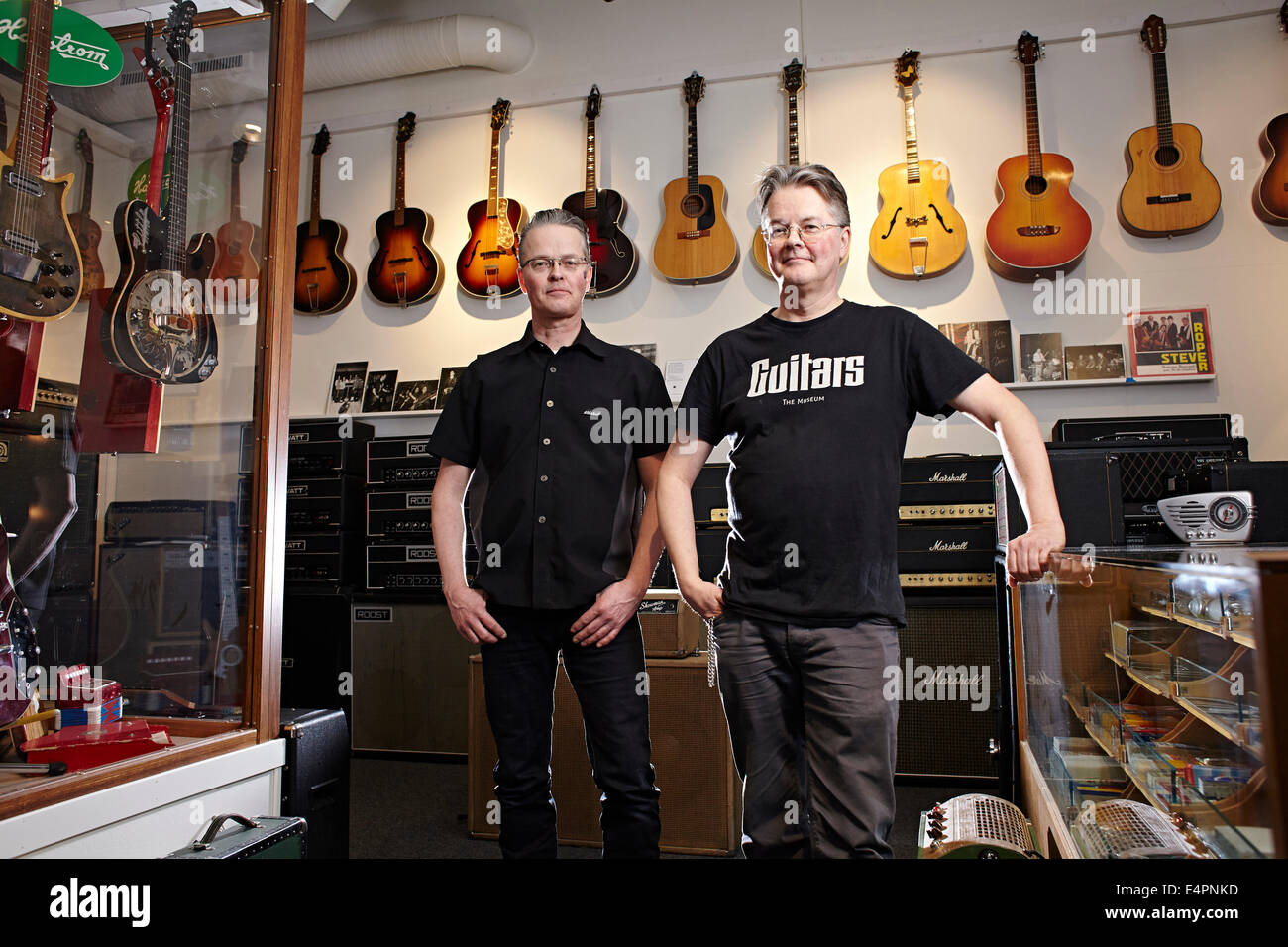 UMEA, northern Sweden, world's finest vintage guitar collections. Brothers Samuel and Michael Ahden Stock Photo