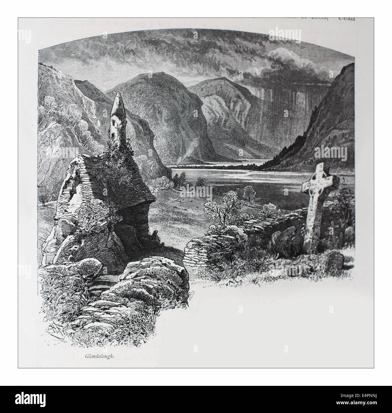 Gandalough, Wicklow Mountains National Park  Illustration from 'The British isles - Cassell Petter & Galpin Part 8 Picturesque Europe. Picturesque Europe was an illustrated set of Magazines published by Cassell, Petter, Galpin & Co. of London, Paris and New York in 1877. The publications depicted tourist haunts in Europe, with text descriptions and steel and wood engravings by eminent artists of the time, such as Harry Fenn, William H J Boot, Thomas C. L. Rowbotham, Henry T. Green , Myles B. Foster, John Mogford , David H. McKewan, William L. Leitch, Edmund M. Wimperis and Joseph B. Smith. Stock Photo