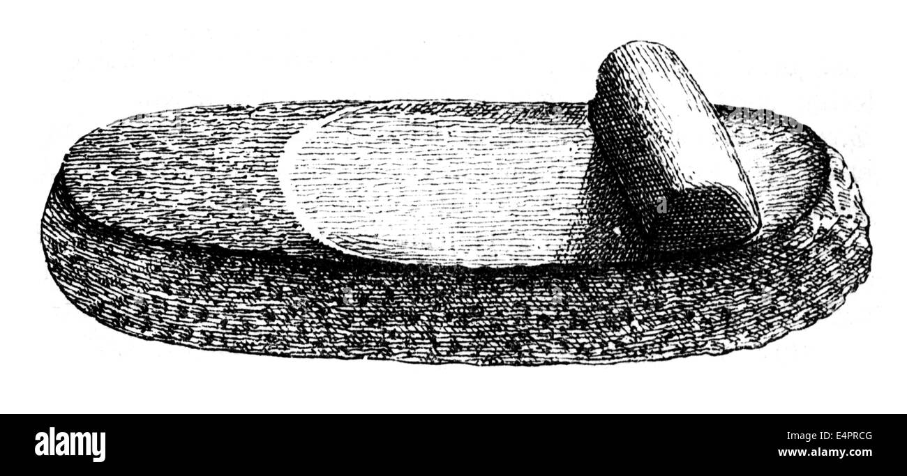 prehistory, grinding stone from pile dwellings at Lake Zurich, circa 4500 - 3000 BC, reconstruction, wood engraving, 19th century, Stone Age, grinder, grinders, grain, grain processing, Switzerland, Central Europe, Europe, prehistory, prehistoric times, grinding stone, grinding stones, historic, historical, NOT, Additional-Rights-Clearences-Not Available Stock Photo