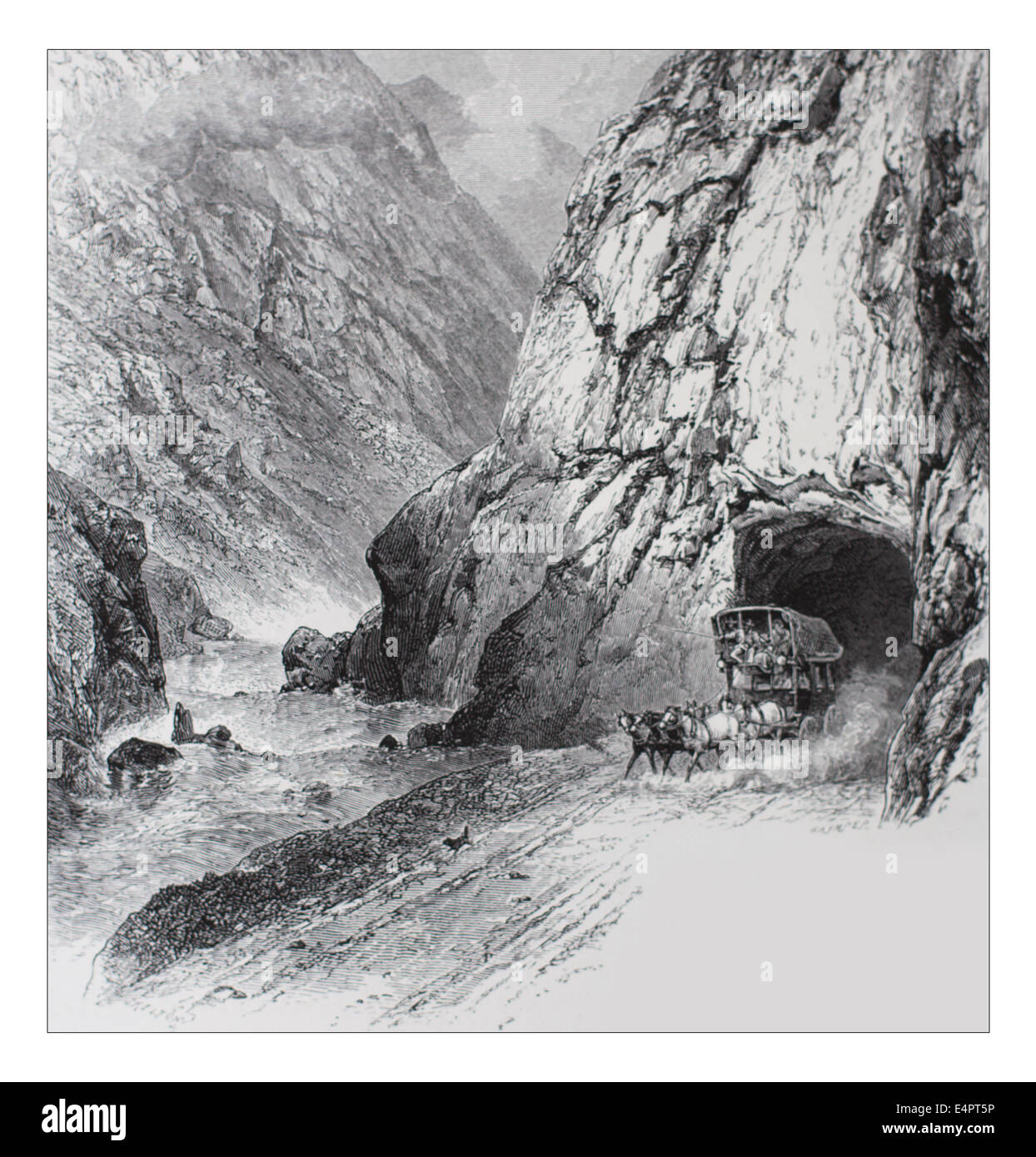 Tunnel on the St.Gothard Road, near Andermatt Illustration from 'The British isles - Cassell Petter & Galpin Part 8 Picturesque Europe. Picturesque Europe was an illustrated set of Magazines published by Cassell, Petter, Galpin & Co. of London, Paris and New York in 1877. The publications depicted tourist haunts in Europe, with text descriptions and steel and wood engravings by eminent artists of the time, such as Harry Fenn, William H J Boot, Thomas C. L. Rowbotham, Henry T. Green , Myles B. Foster, John Mogford , David H. McKewan, William L. Leitch, Edmund M. Wimperis and Joseph B. Smith. Stock Photo