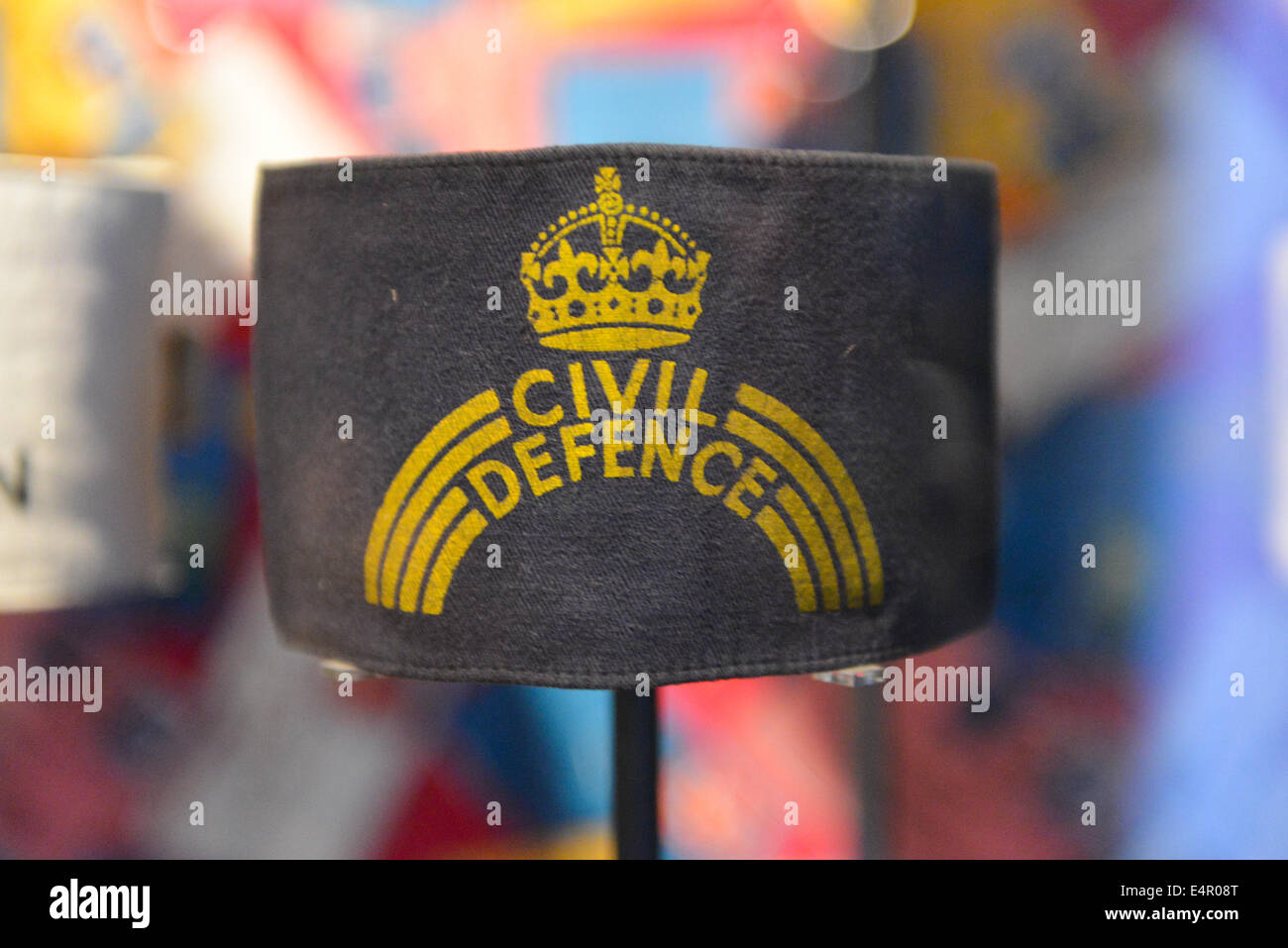 Imperial war Museum, London, UK. 16th July 2014. A variety of civil defense tin hats and armbands on display at the redeveloped Imperial War Museum. The IMW re-opens to the public on Saturday 19th July Credit:  Matthew Chattle/Alamy Live News Stock Photo