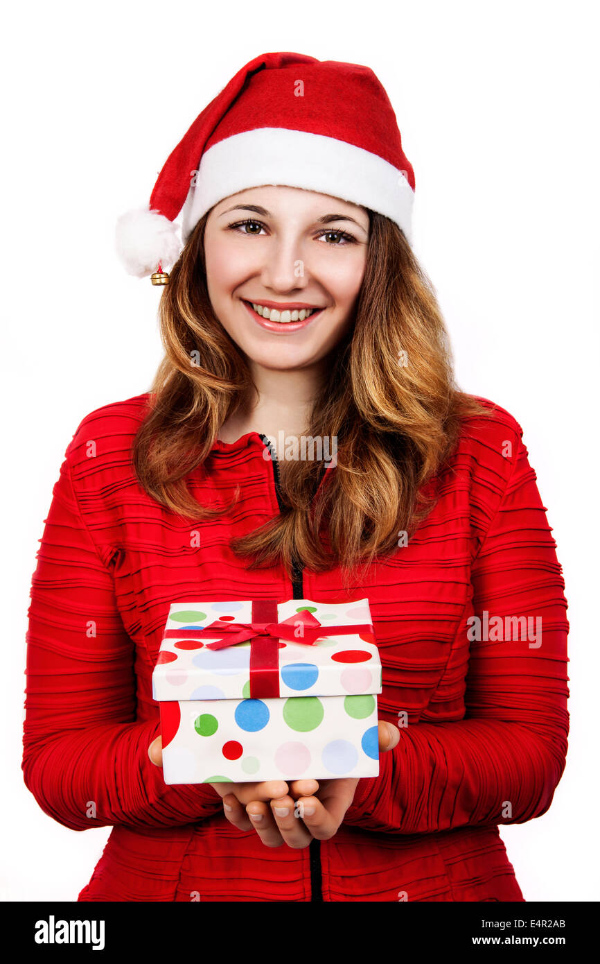 christmas,  happiness concept - smiling woman in santa helper hat with many gift boxes Stock Photo