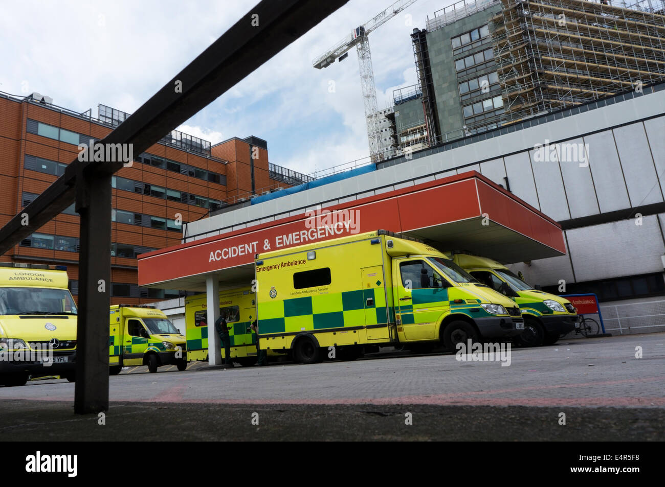 Ambulances parked outside the Accident & Emergency entrance to St Thomas' Hospital at Waterloo, London. Stock Photo