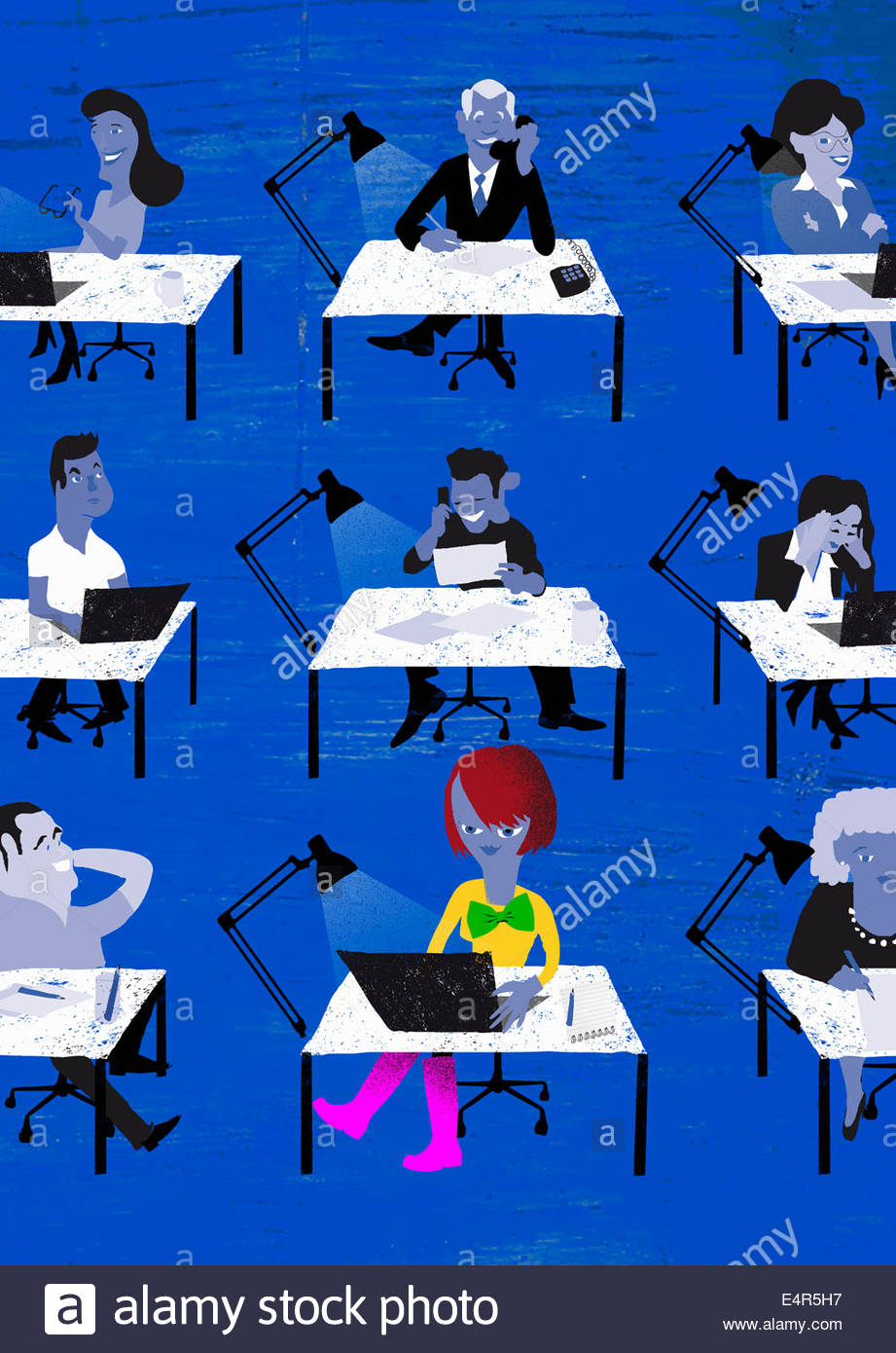 Businesswoman Standing Out From The Crowd In Rows Of Happy Office