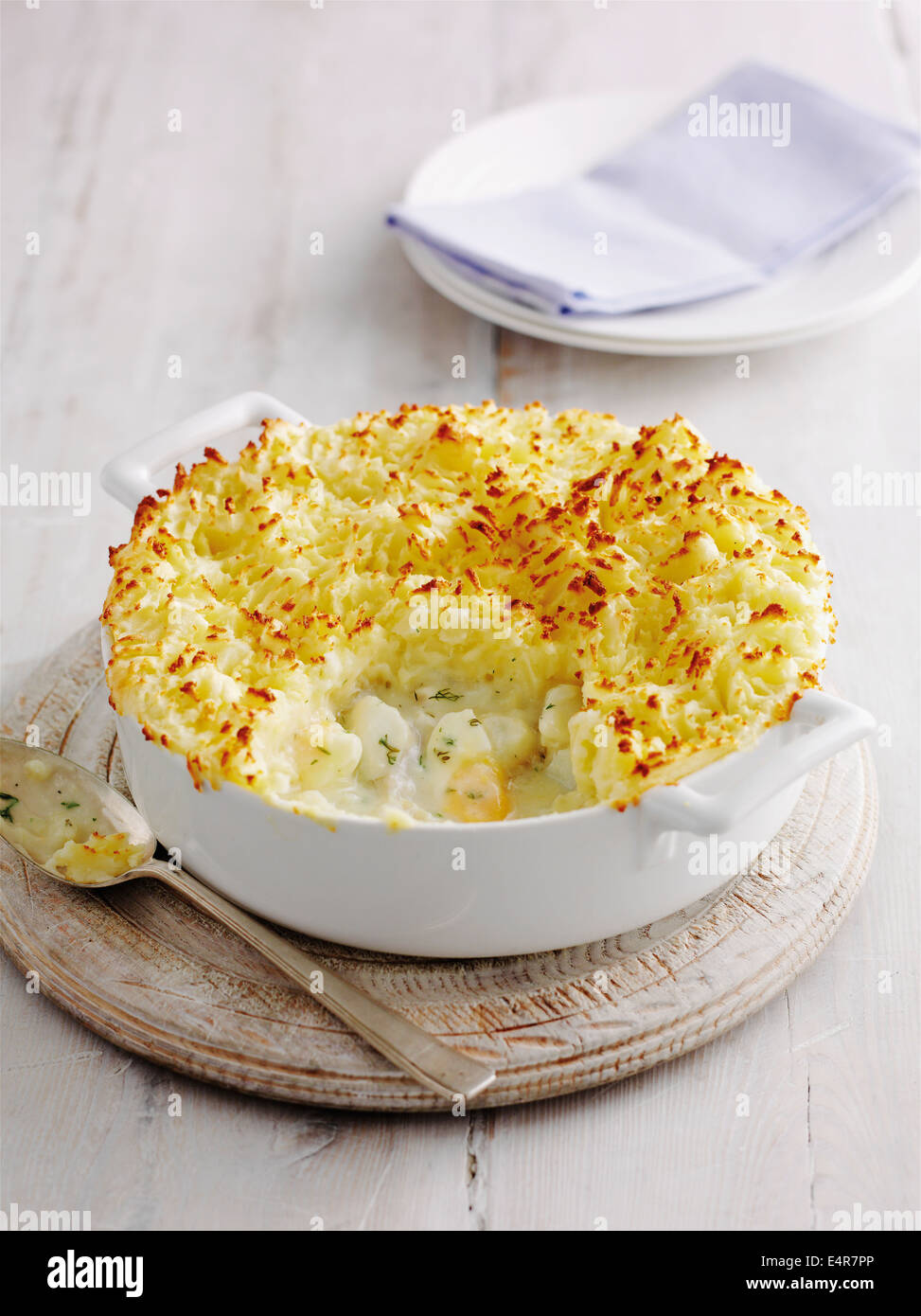 Fish pie with cheesy mash topping Stock Photo