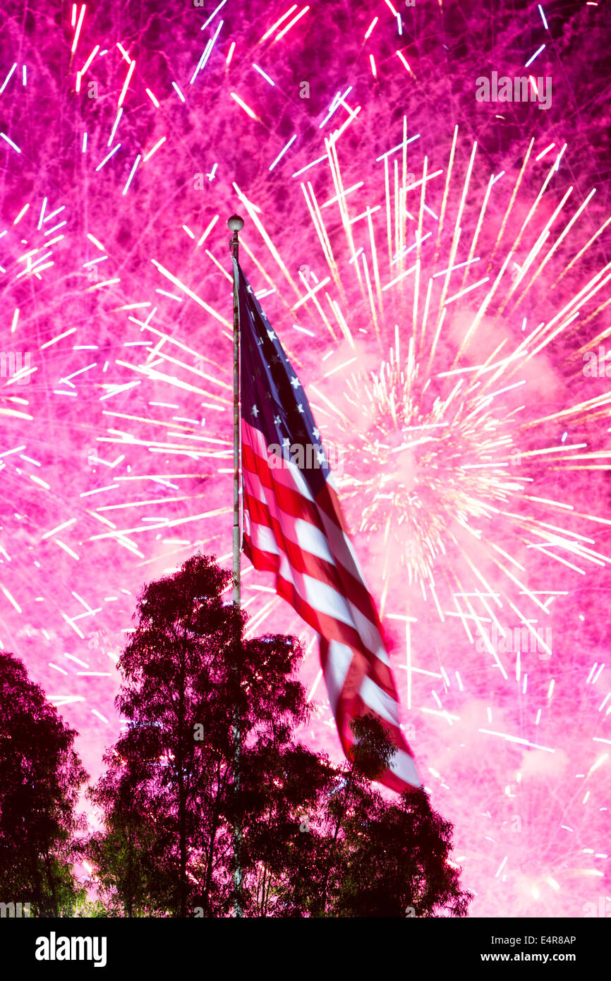 A bright, loud fireworks display on the 4th of July for Independance Day in Los Angeles, California, USA Stock Photo