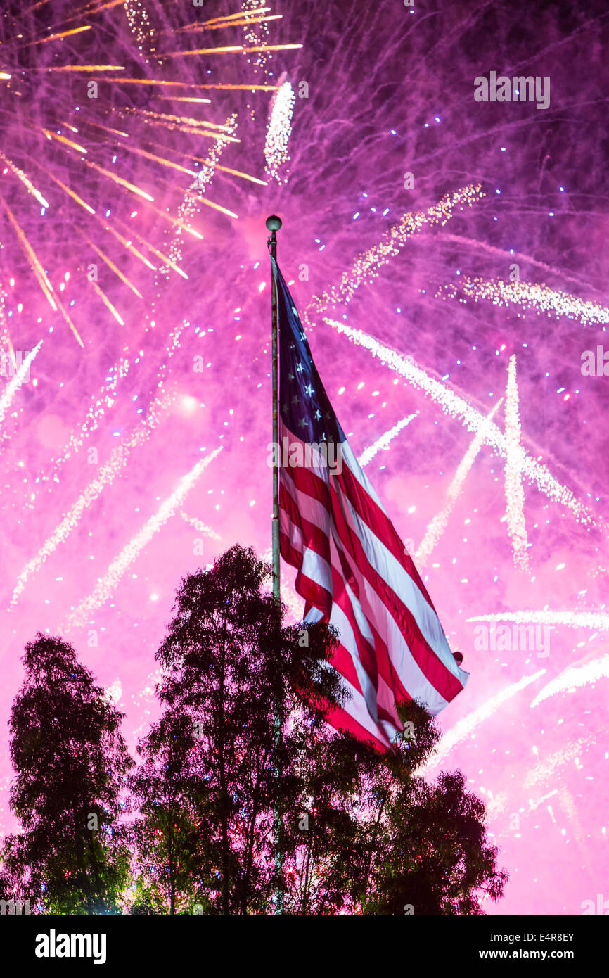 A bright, loud fireworks display on the 4th of July for Independance Day in Los Angeles, California, USA Stock Photo