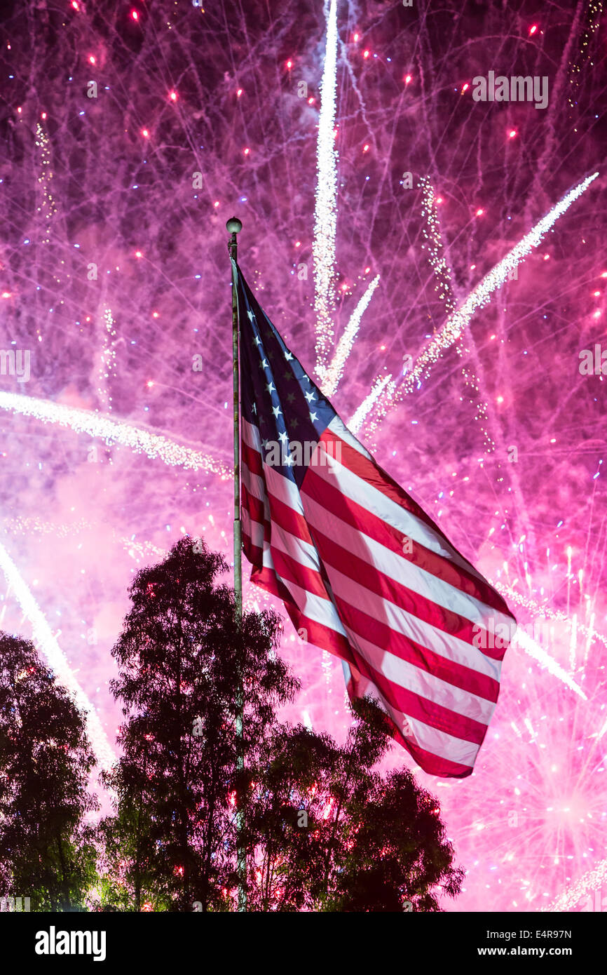 A bright, loud fireworks display on the 4th of July for Independance