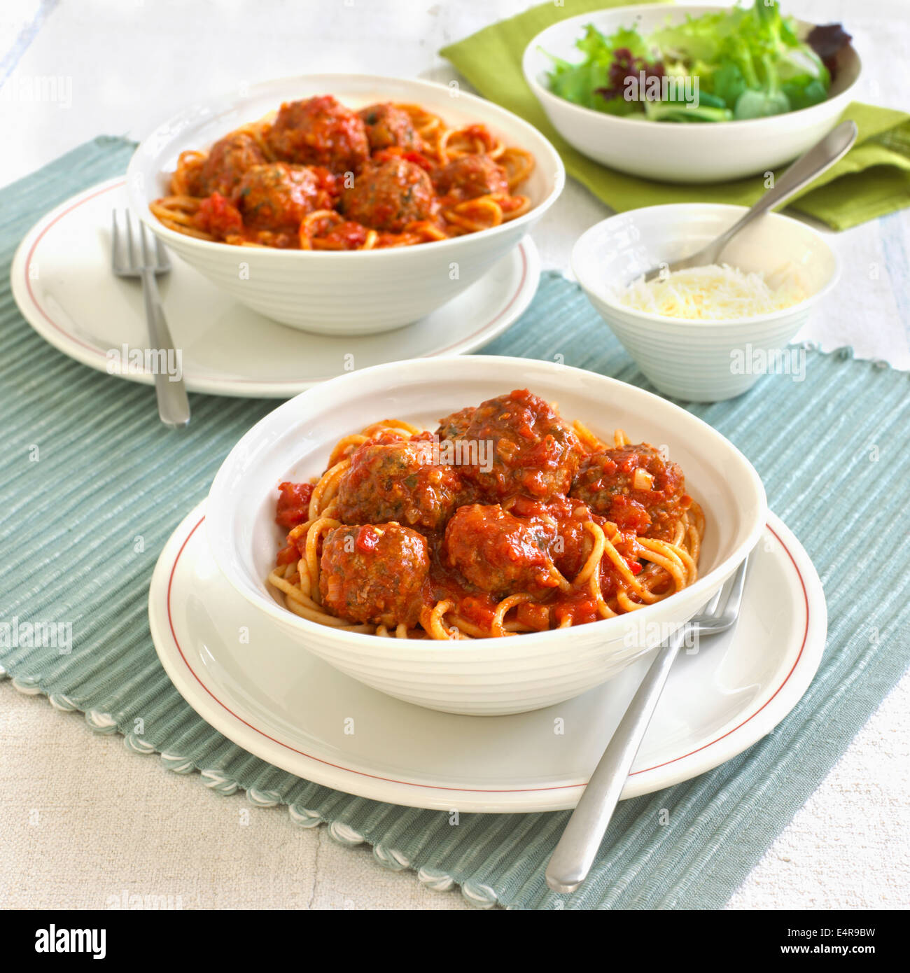Spaghetti and meatballs, two portions Stock Photo
