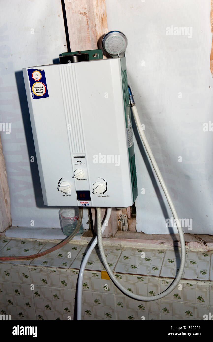 Nepal, Pokhara, Ulleri, dangerous gas water heater with no flue in trekker’s guest house Stock Photo