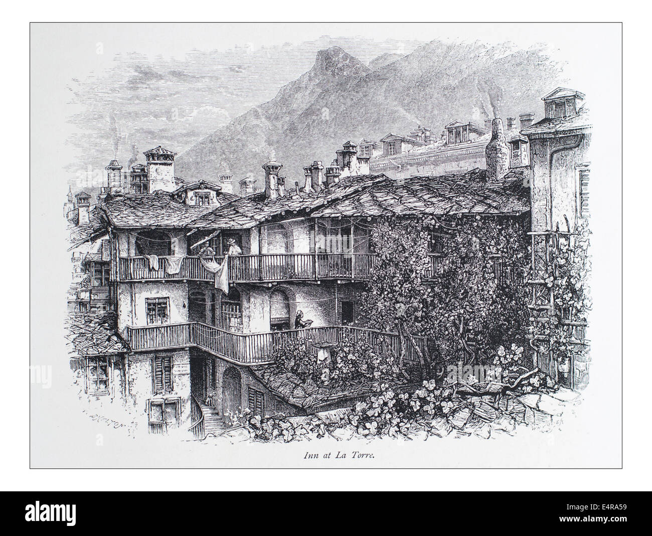 Inn at La Torre, France Illustration from 'The British isles - Cassell Petter & Galpin Part 8 Picturesque Europe. Picturesque Europe was an illustrated set of Magazines published by Cassell, Petter, Galpin & Co. of London, Paris and New York in 1877. The publications depicted tourist haunts in Europe, with text descriptions and steel and wood engravings by eminent artists of the time, such as Harry Fenn, William H J Boot, Thomas C. L. Rowbotham, Henry T. Green , Myles B. Foster, John Mogford , David H. McKewan, William L. Leitch, Edmund M. Wimperis and Joseph B. Smith. Stock Photo
